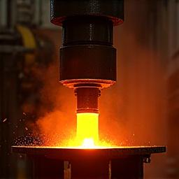 Glühender Stahl wird von einer hydraulischen Schmiedepresse geformt