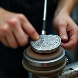 Hände eines Handwerkers polieren einen fertigen Golfkopf an einer Poliermaschine